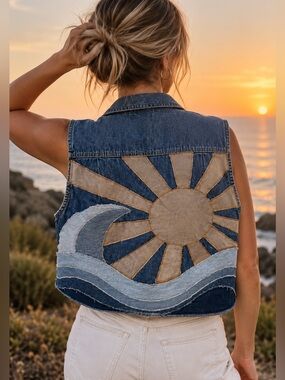 Coastal Denim Vest - size M - Upcycled Beachy Vibes